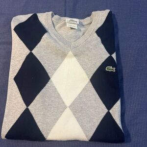 Lacoste Men’s Light Gray, Navy & Cream Argyle V-Neck Sweater